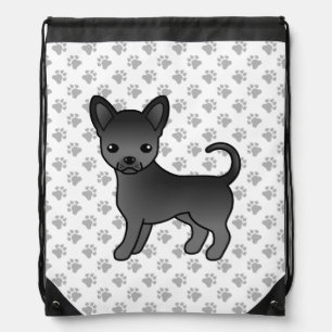 Black Smooth Coat Chihuahua Cartoon Dog & Paws Drawstring Bag