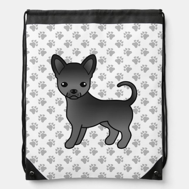 Black Smooth Coat Chihuahua Cartoon Dog & Paws Drawstring Bag (Front)