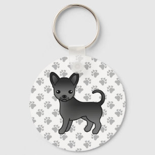 Black Smooth Coat Chihuahua Cartoon Dog & Paws Keychain