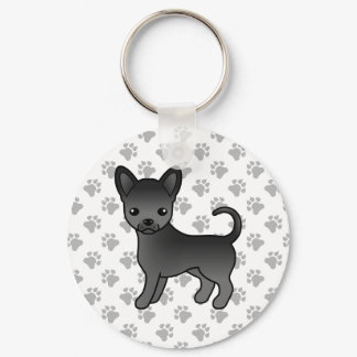 Black Smooth Coat Chihuahua Cartoon Dog &amp; Paws Keychain