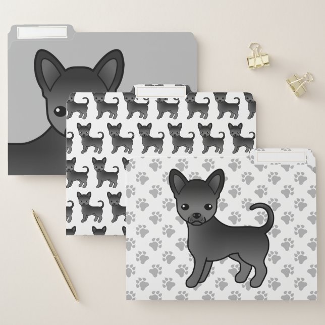 Black Smooth Coat Chihuahua Cute Cartoon Dog File Folder (Set)