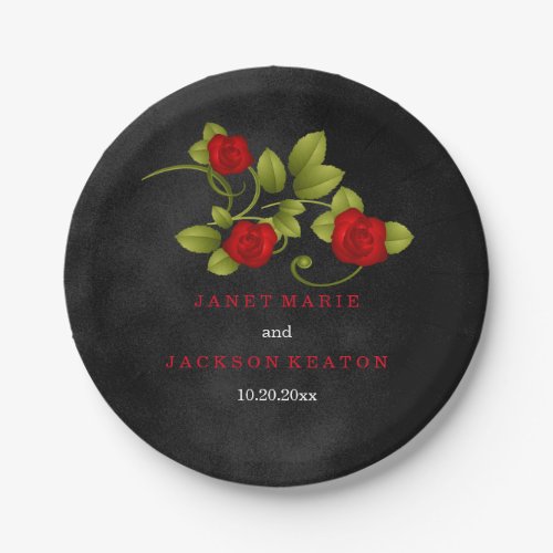 Black Smudge and Red Rose Wedding Paper Plates