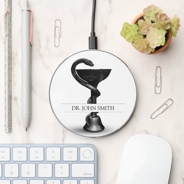 Black Snake Bowl Hygieia White Medical Caduceus Wireless Charger (Desk)