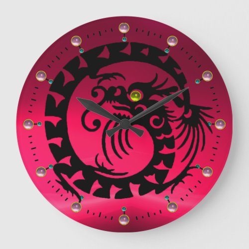 BLACK SNAKE DRAGON PINK FUCHSÄA YELLOW GEMSTONES LARGE CLOCK