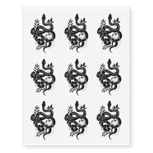 Black Snake & Flowers Realistic Temporary Tattoos