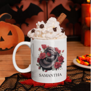 Black Snake in Roses Watercolor Goth Coffee Mug
