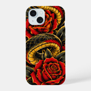 Black Snake & Red Roses Gothic Floral Serpent iPhone 15 Case