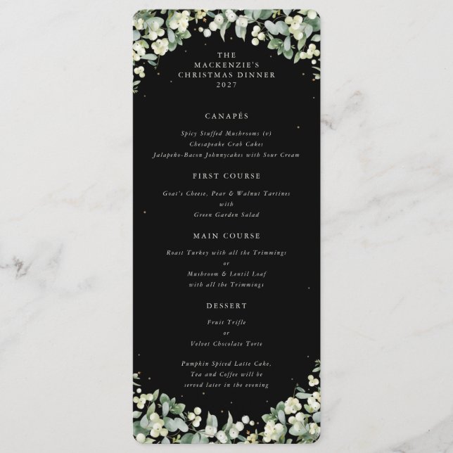 Black Snowberry Christmas Dinner Flat 4 Course Menu (Front)