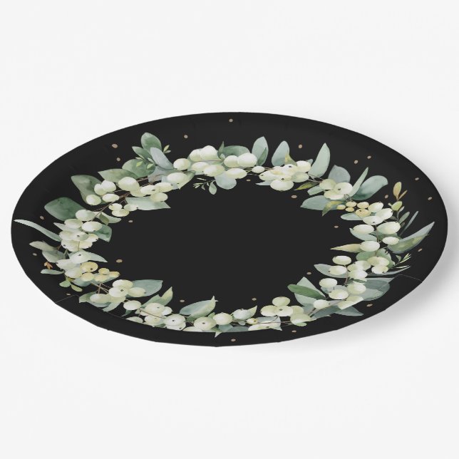 Black Snowberry Christmas Wreath Holiday Party Paper Plates (Angled)