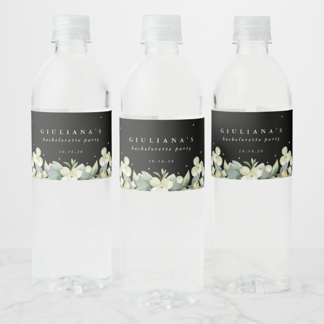 Black Snowberry+Eucalyptus Bachelorette/Shower Water Bottle Label (Bottles)