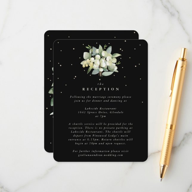 Black Snowberry+Eucalyptus Bouquet Reception Enclosure Card (Front/Back In Situ)