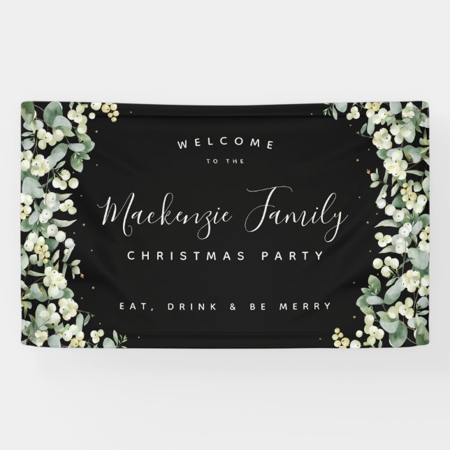 Black Snowberry+Eucalyptus Christmas Holiday Party Banner (Horizontal)