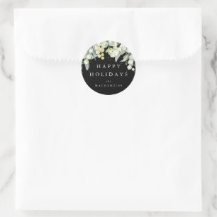 Black Snowberry+Eucalyptus Custom Message Holiday Classic Round Sticker