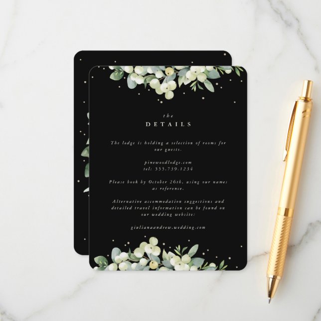 Black Snowberry+Eucalyptus Edged Wedding Details Enclosure Card (Front/Back In Situ)