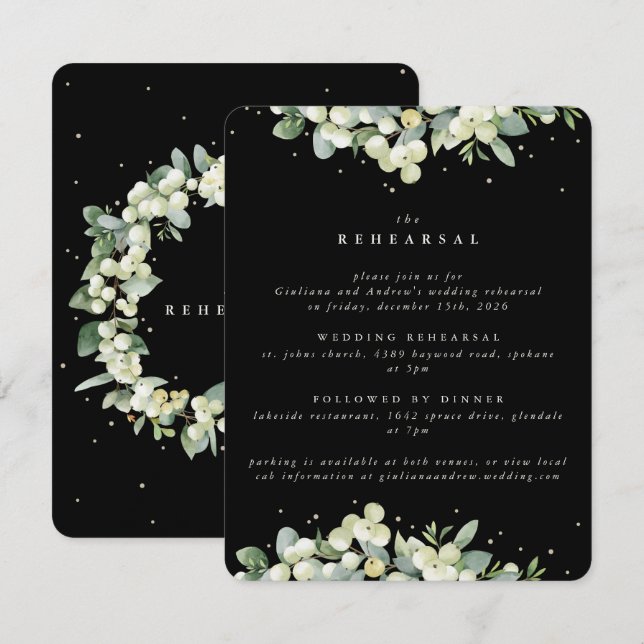 Black Snowberry+Eucalyptus Edged Wedding Rehearsal Enclosure Card (Front/Back)