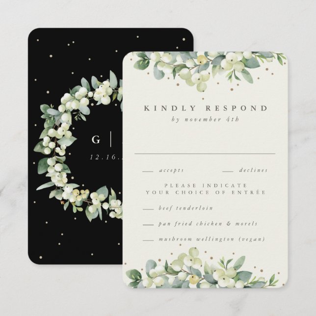 Black Snowberry+Eucalyptus Edged Wedding RSVP Card (Front/Back)