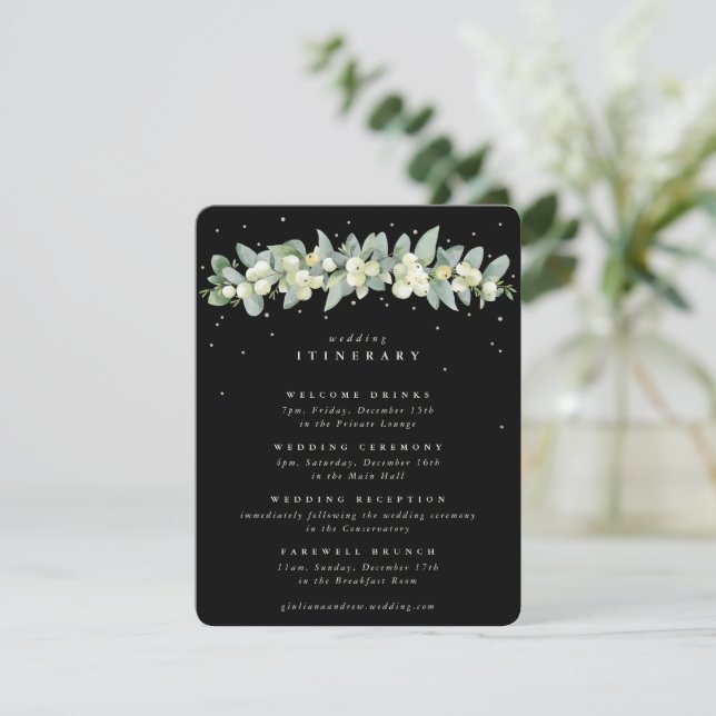Black Snowberry+Eucalyptus Garland Wedding Events Enclosure Card (Standing Front)