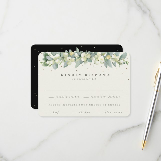 Black Snowberry+Eucalyptus Garland Wedding RSVP Card (Front/Back In Situ)