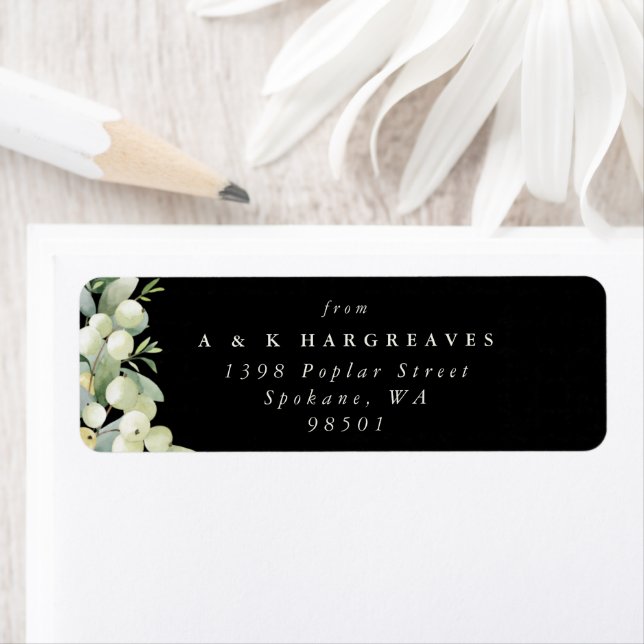 Black Snowberry+Eucalyptus Holiday Return Address Label (Insitu)