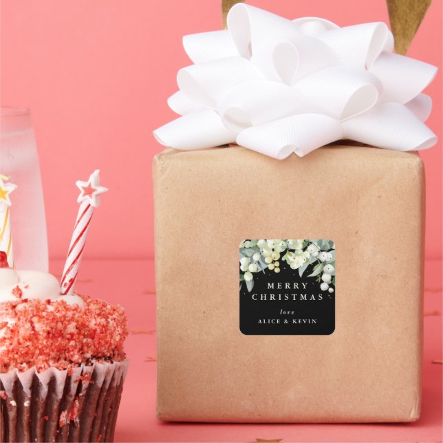 Black Snowberry+Eucalyptus Merry Christmas/Custom Square Sticker (Party)