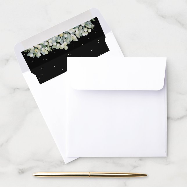 Black Snowberry+Eucalyptus Square (5.25" cards) Envelope Liner (Desk)