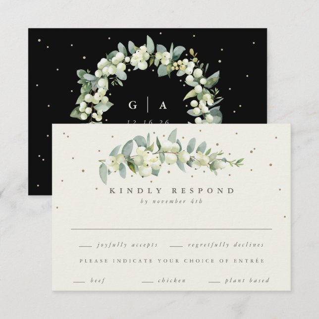 Black Snowberry+Eucalyptus Stem Wedding RSVP Card (Front/Back)
