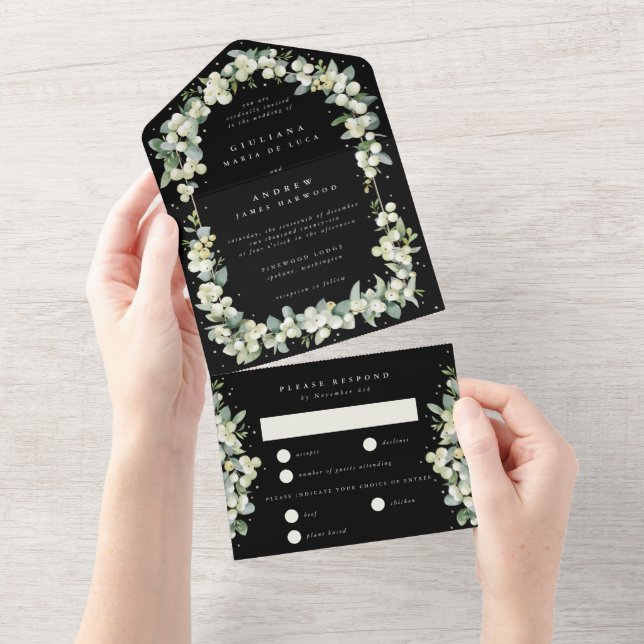 Black Snowberry + Eucalyptus Wedding All In One Invitation (Tearaway)