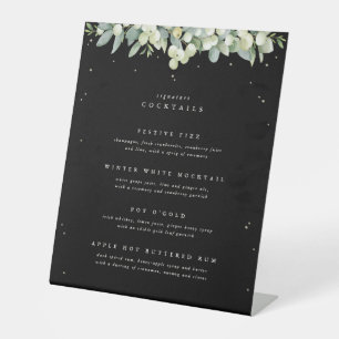 Black Snowberry+Eucalyptus Wedding Drinks Menu Pedestal Sign