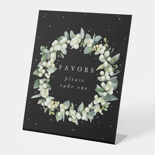 Black Snowberry+Eucalyptus Wedding Favors Table Pedestal Sign (Front)