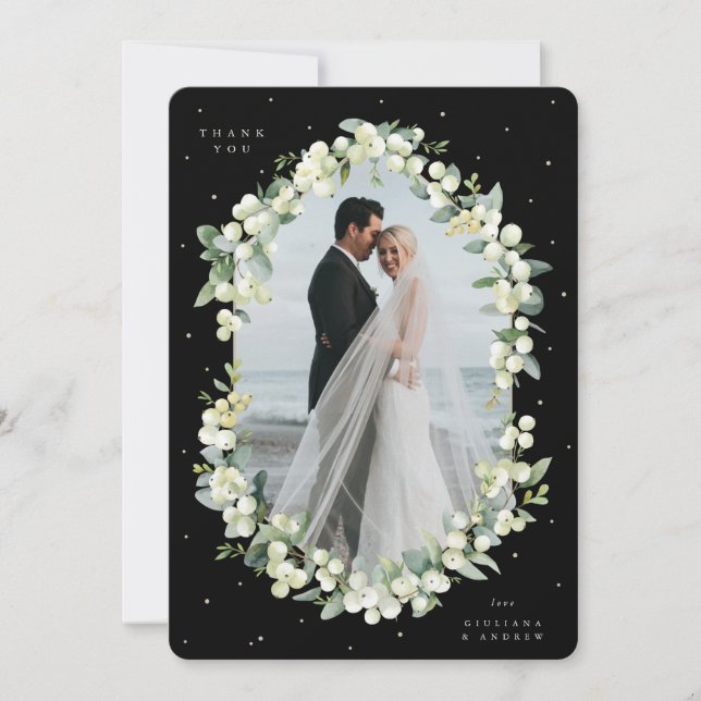 Black Snowberry+Eucalyptus Wedding Flat Photo Thank You Card (Front)