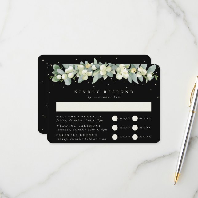 Black Snowberry+Eucalyptus Wedding Multi-Event RSVP Card (Front/Back In Situ)