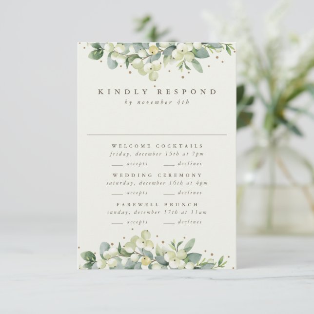 Black Snowberry+Eucalyptus Wedding Multi-Event RSVP Card (Standing Front)