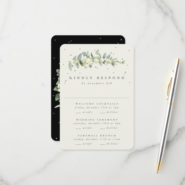 Black Snowberry+Eucalyptus Wedding Multi-Event RSVP Card (Front/Back In Situ)