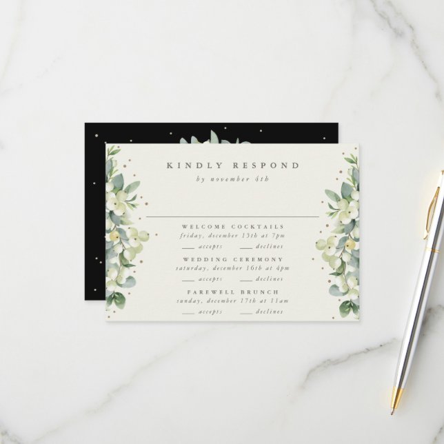 Black Snowberry+Eucalyptus Wedding Multi-Event RSVP Card (Front/Back In Situ)