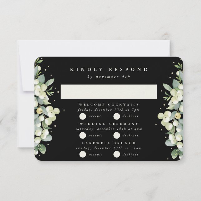 Black Snowberry+Eucalyptus Wedding Multi-Event RSVP Card (Front)