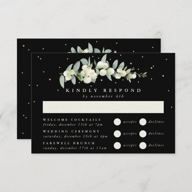 Black Snowberry+Eucalyptus Wedding Multi-Event RSVP Card (Front/Back)