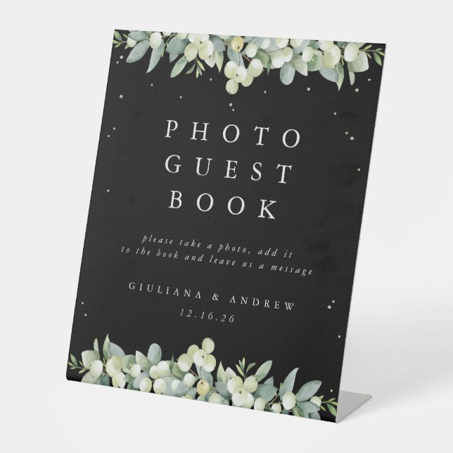 Black Snowberry+Eucalyptus Wedding Photo GuestBook Pedestal Sign (Front)