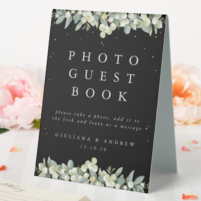 Black Snowberry+Eucalyptus Wedding Photo GuestBook Table Tent (In SItu (Wedding))