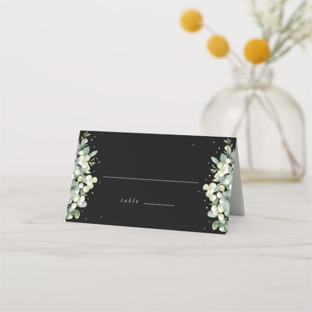 Black Snowberry + Eucalyptus Wedding Place Card (Front)