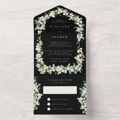 Black SnowberryEucalyptus Wedding Reception Only All In One Invitation