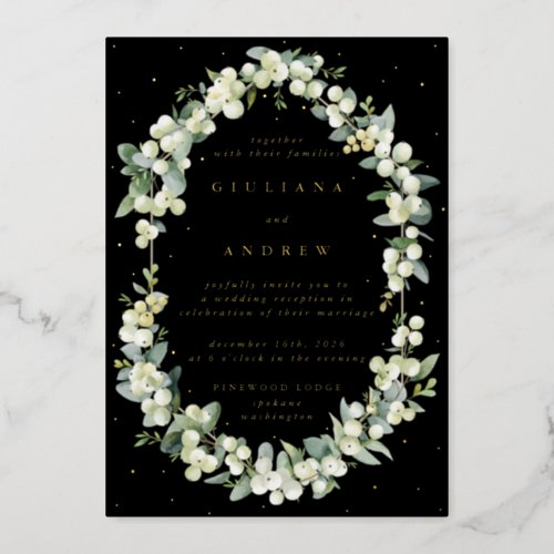 Black SnowberryEucalyptus Wedding Reception Only Foil Invitation