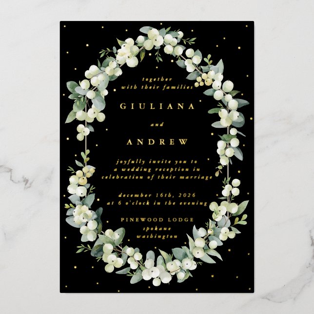 Black Snowberry+Eucalyptus Wedding Reception Only Foil Invitation (Front)