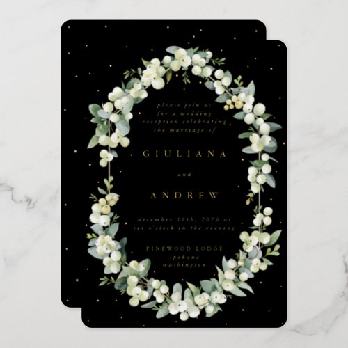 Black SnowberryEucalyptus Wedding Reception Only Foil Invitation