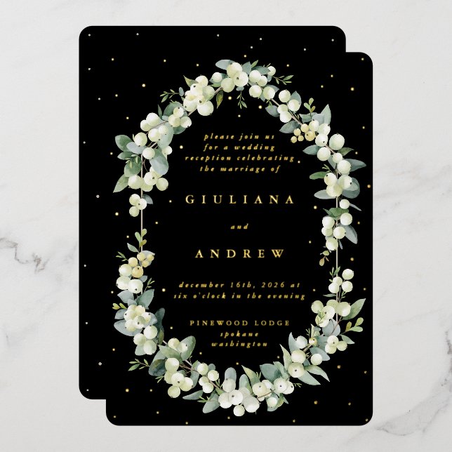 Black Snowberry+Eucalyptus Wedding Reception Only Foil Invitation (Front/Back)