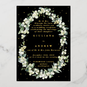 Black Snowberry+Eucalyptus Wedding Reception Only Foil Invitation