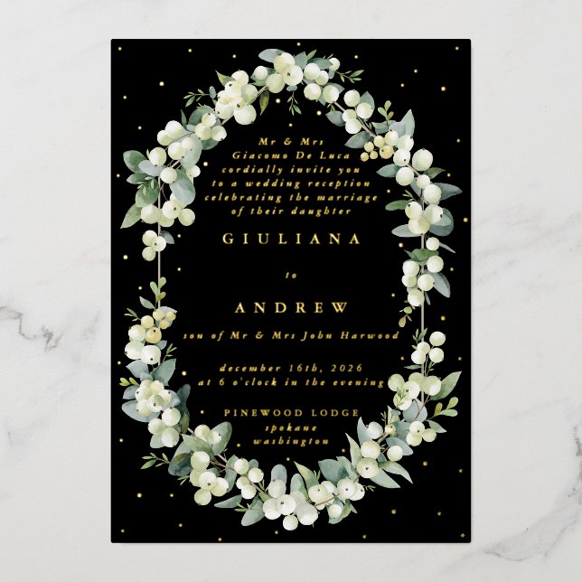 Black Snowberry+Eucalyptus Wedding Reception Only Foil Invitation (Front)