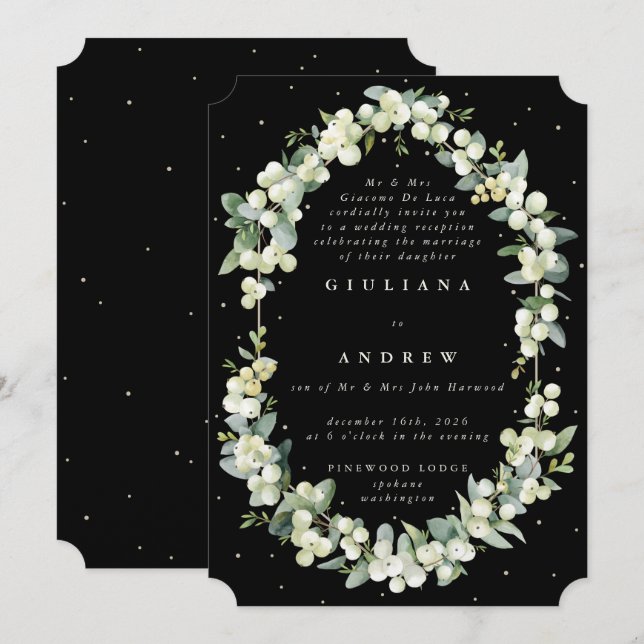 Black Snowberry+Eucalyptus Wedding Reception Only Invitation (Front/Back)