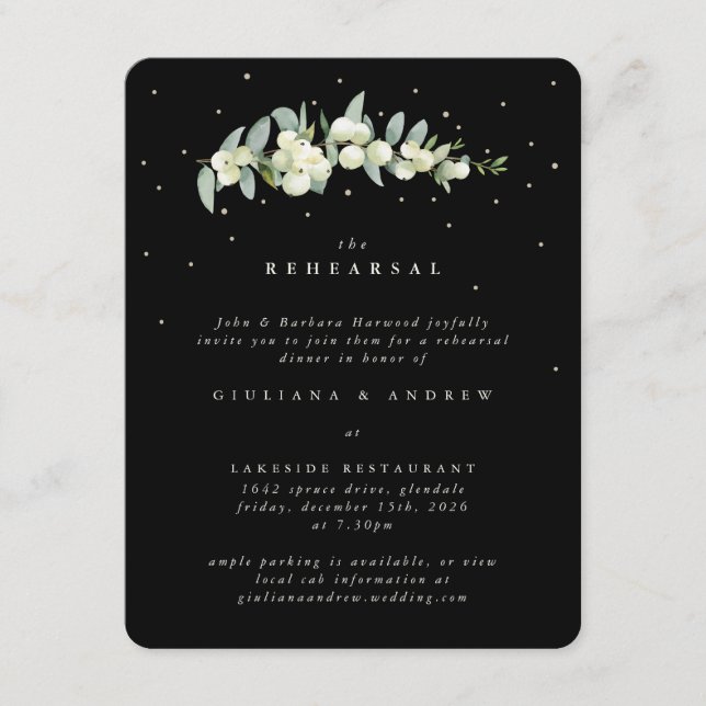 Black Snowberry+Eucalyptus Wedding Rehearsal Enclosure Card (Front)