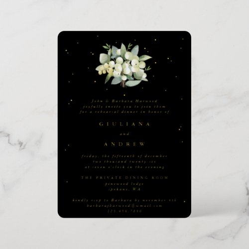 Black SnowberryEucalyptus Wedding Rehearsal Foil Invitation