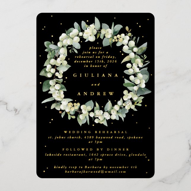 Black Snowberry+Eucalyptus Wedding Rehearsal Foil Invitation (Front)